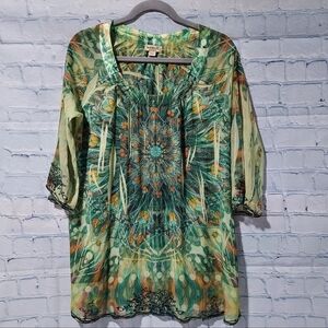 One World Peasant Boho Large Top Green Fairycore Goblin Art Deco Blouse